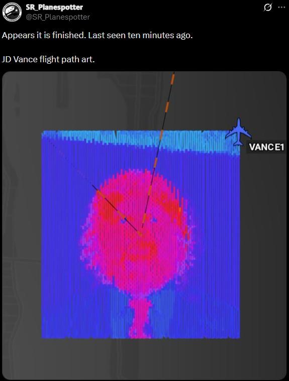 SR_Planespotter @SR_Planespotter Appears it is finished. Last seen ten minutes ago. JD Vance flight path art. Ø ... VANCE1