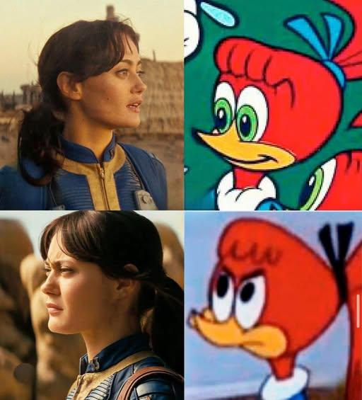 A meme comparing Ella Purnell to Splinter Woodpecker.
