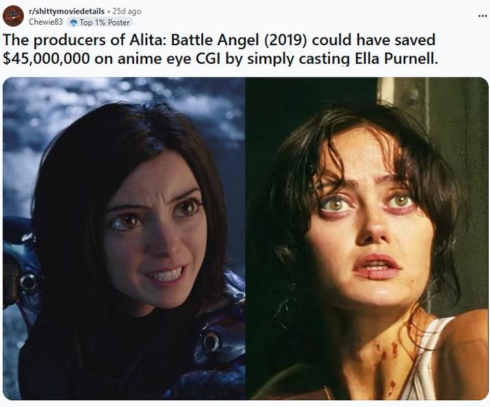 A Reddit meme. The post reads, "The producers of Alita: Battle Angel (2019) could have saved $45,000,000 on anime eye CGI by simply casting Ella Purnell."