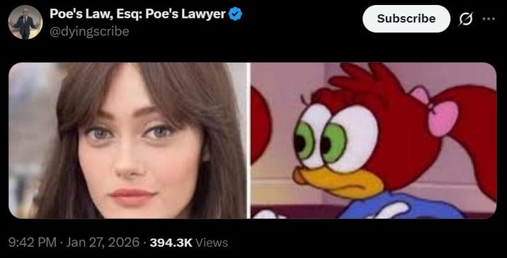 A post by X user @dyingscribe. They compare Ella Purnell's eyes to Splinter Woodpecker.