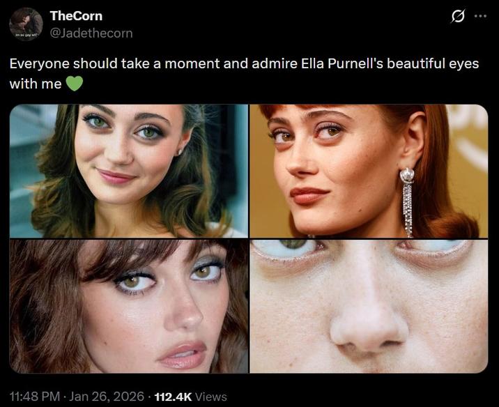TheCorn @Jadethecorn Everyone should take a moment and admire Ella Purnell's beautiful eyes with me 11:48 PM · Jan 26, 2026 112.4K Views •
