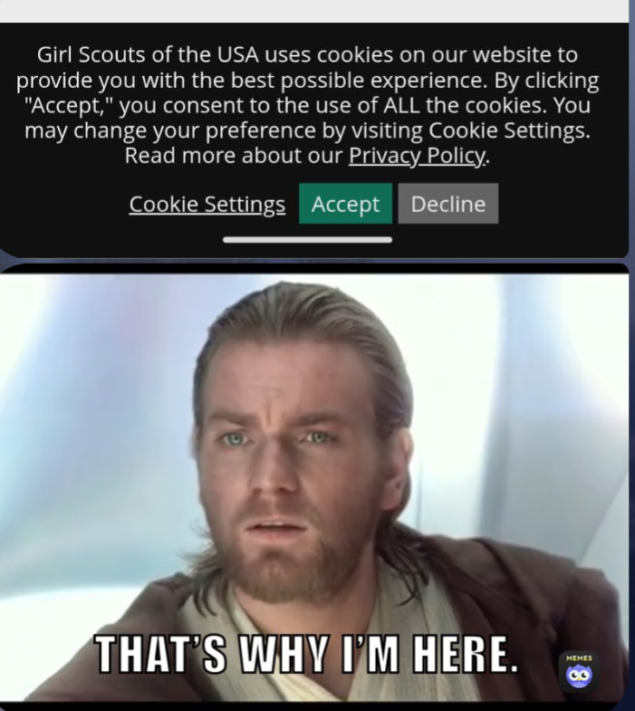 Girl Scouts of the USA uses cookies on our website to provide you with the best possible experience. By clicking "Accept," you consent to the use of ALL the cookies. You may change your preference by visiting Cookie Settings. Read more about our Privacy Policy. Cookie Settings Accept Decline THAT'S WHY I'M HERE. MEMES
