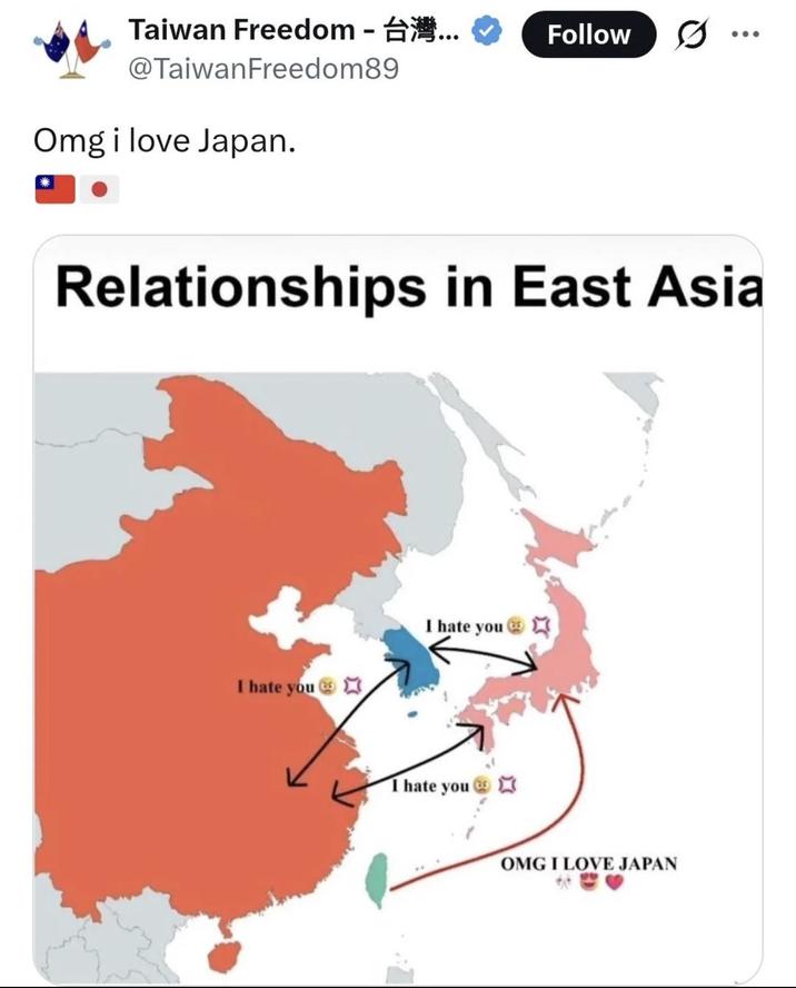 Taiwan Freedom - ... @TaiwanFreedom89 Follow Omg i love Japan. Relationships in East Asia I hate you I hate you I hate you OMG I LOVE JAPAN