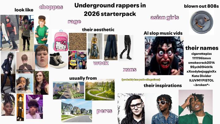 choppas look like Cosplaying as my tante arme protagon Hello Kitty Underground rappers in rage 2026 starterpack their aesthetic wock usually from xans asian girls Al slop music vids (probably has p--- allegations) their inspirations blown out 808s their names cigarettepiss 11111Hitmvn smokecrack2014 95ych094th1k xXcodybejugginXx Kate Divider ILUVMYPISTOL ⚫.brxken*. percs