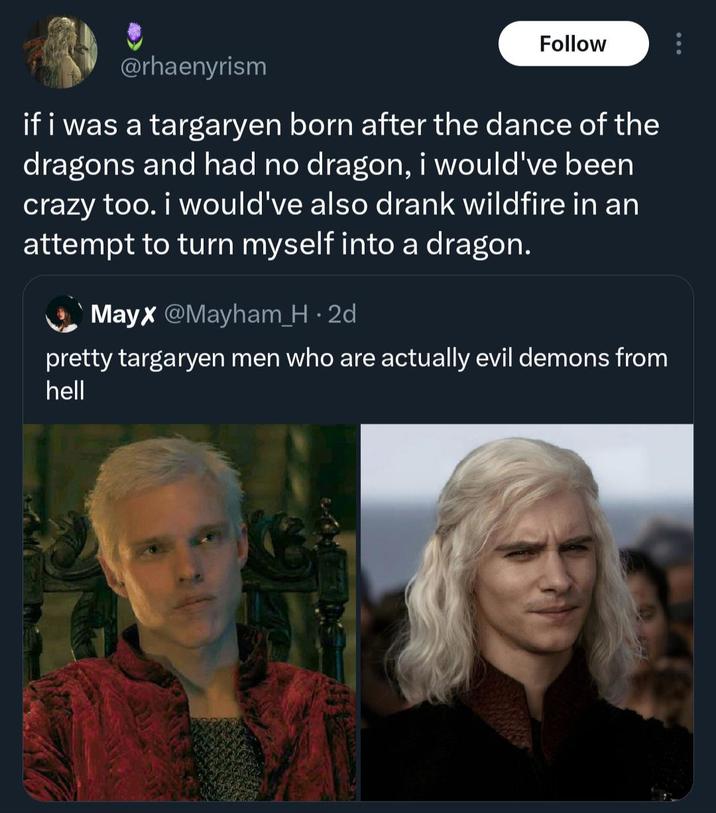 @rhaenyrism Follow if i was a targaryen born after the dance of the dragons and had no dragon, i would've been crazy too. i would've also drank wildfire in an attempt to turn myself into a dragon. Mayx @Mayham_H. 2d pretty targaryen men who are actually evil demons from hell