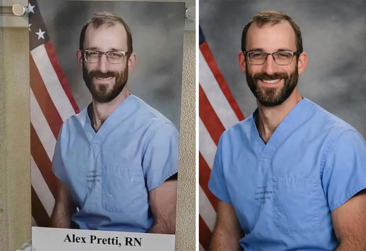 An image showing the original VA hospital staff portrait of Alex Pretti next to the AI-altered version that was circulated and used in the wake of his death.