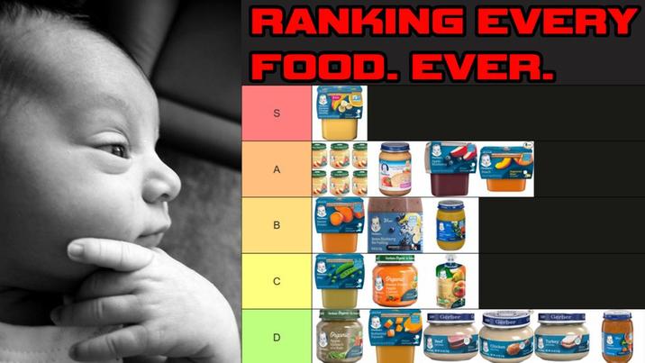 A baby YouTube thumbnail meme. It is about ranking baby food.