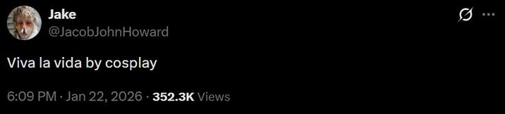 A tweet reading, "Viva la vida by cosplay." It references a viral Kai Cenat interview.