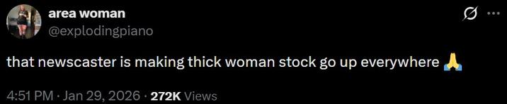 A tweet about Carissa Codel. It reads, "that newscaster is making thick woman stock go up everywhere 🙏."