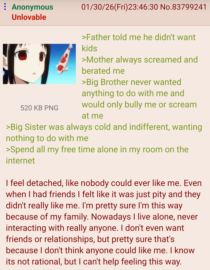 Anonymous Unlovable 01/30/26(Fri)23:46:30 No.83799241 520 KB PNG >Father told me he didn't want kids >Mother always screamed and berated me > Big Brother never wanted anything to do with me and would only bully me or scream at me >Big Sister was always cold and indifferent, wanting nothing to do with me >Spend all my free time alone in my room on the internet I feel detached, like nobody could ever like me. Even when I had friends I felt like it was just pity and they didn't really like me. I'm pretty sure I'm this way because of my family. Nowadays I live alone, never interacting with really anyone. I don't even want friends or relationships, but pretty sure that's because I don't think anyone could like me. I know its not rational, but I can't help feeling this way.