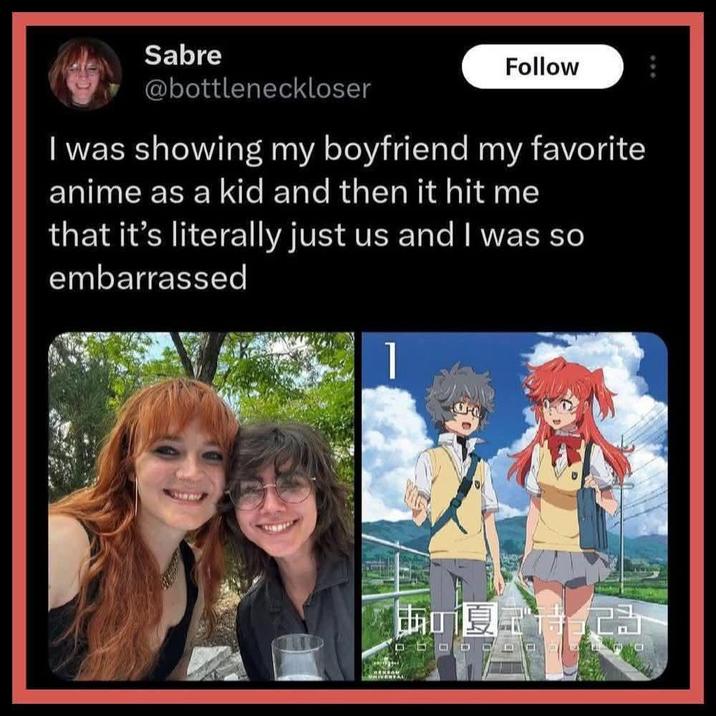 Sabre @bottleneckloser Follow I was showing my boyfriend my favorite anime as a kid and then it hit me that it's literally just us and I was so embarrassed 優待记