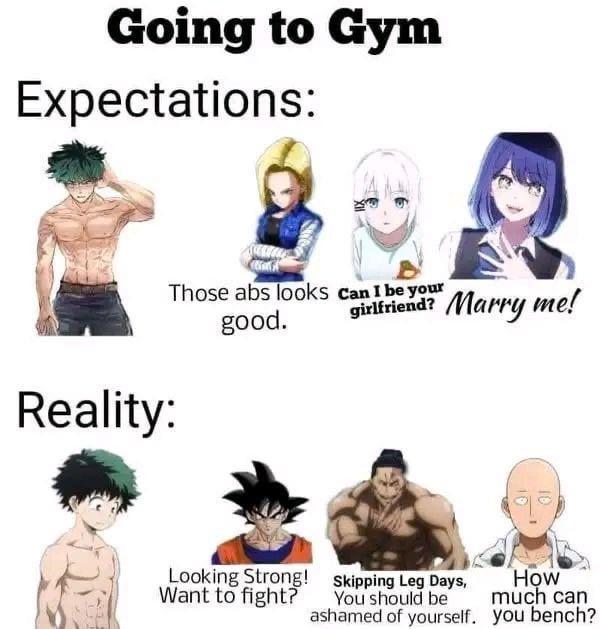 Going to Gym Expectations: Reality: Those abs looks Can I be your good. girlfriend? Marry me! Looking Strong! Want to fight? Skipping Leg Days, You should be ashamed of yourself. How much can you bench?