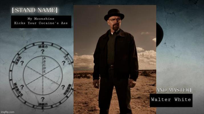 [STAND NAME] My Moonshine Kicks Your Cocaine's Ass 成長性 n. ? 破壞力 ? ABCDE ? AND MASTER] Walter White 消密動作性 imgflip.com ?