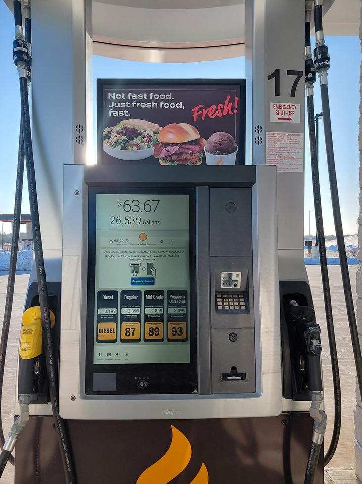 Not fast food. Just fresh food, fast. Fresh! 17 EMERGENCY SHUT-OFF $63.67 26.539 Gallons 08:29 AM Welcome Valued Customer For fireside Rewards, press the button below & enter your phone # For Payment, tap or insert your card. Leave it inserted until instructed to remove. Rewards phone Diesel Regular Mid-Grade Premium Unleaded 3.199 2.399 2.899 3.399 WARNING DIESEL 87 89 の EN & Wayne 93 95 SAFETY EMERGENCY INSTRUCTIONS DO NOT USE CELL PHONES OHLE PEL DISPENSE ONLY IN APPROVED CONTAINERS, PLACE INCASE OF FIRE OR SPILL 618