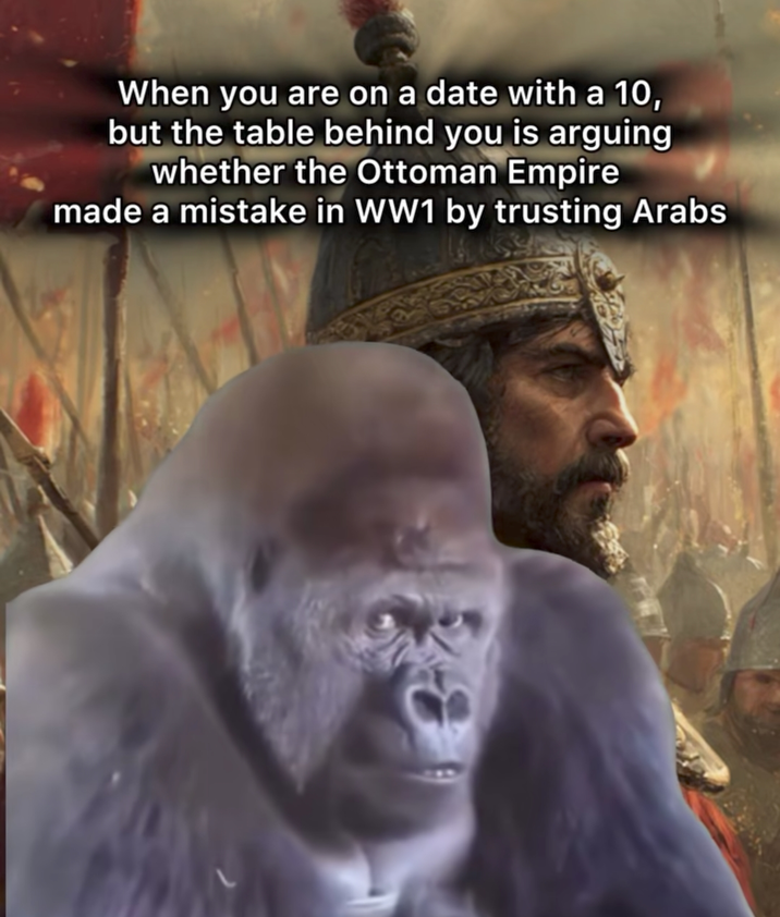 When you are on a date with a 10, but the table behind you is arguing whether the Ottoman Empire made a mistake in WW1 by trusting Arabs