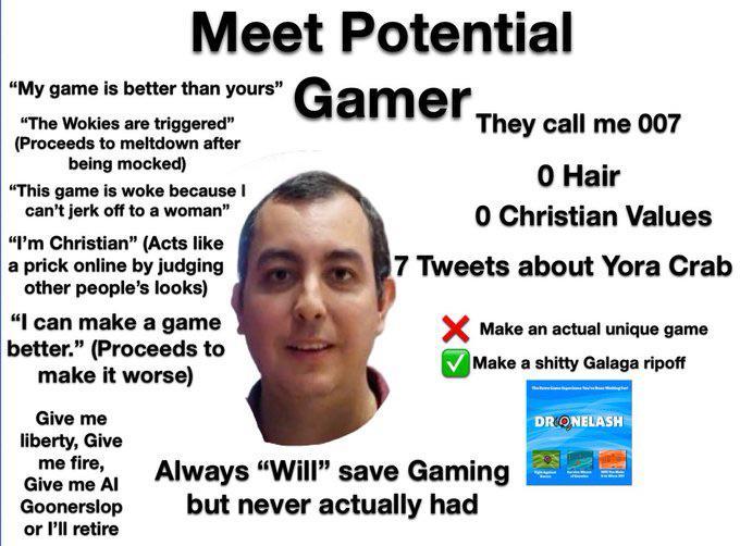 Meet Potential "My game is better than yours" "The Wokies are triggered" (Proceeds to meltdown after being mocked) "This game is woke because I can't j------- to a woman" "I'm Christian" (Acts like a prick online by judging other people's looks) "I can make a game better." (Proceeds to make it worse) Give me liberty, Give me fire, Gamer. They call me 007 0 Hair 0 Christian Values 7 Tweets about Yora Crab Make an actual unique game Make a s----- Galaga ripoff Give me 'Al Always "Will" save Gaming Goonerslop or I'll retire but never actually had DRONELASH