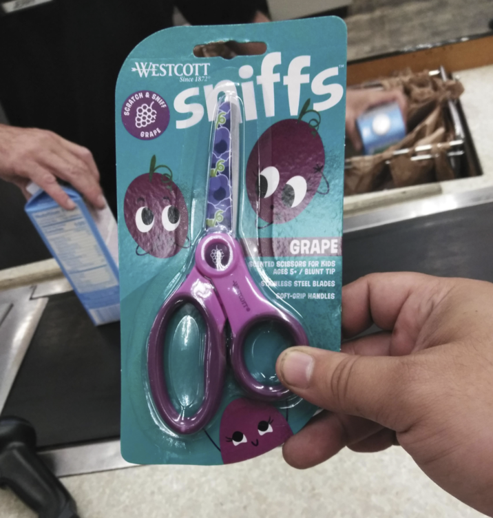 WESTCOTT SCRATCH & SNIFF GRAPE sniffs Since 1872 GRAPE SCENTED SCISSORS FOR KIDS AGES 5/BLUNT TIP SNLESS STEEL BLADES SOFT-GRIP HANDLES