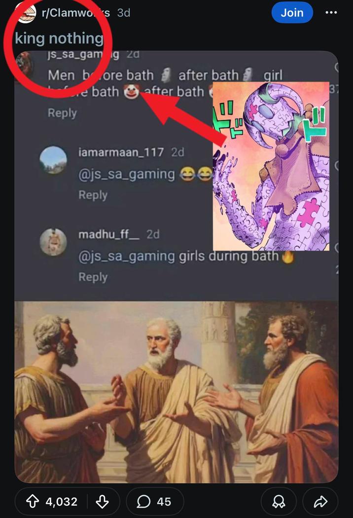 r/Clamwos 3d king nothing JS_sa_gam ig 2d Men bore bath e bath Reply after bath girl after bath 00 םם Join 00 31 4,032 iamarmaan 117 2d @js_sa_gaming e Reply madhu_ff_2d @js_sa_gaming girls during bath Reply 45