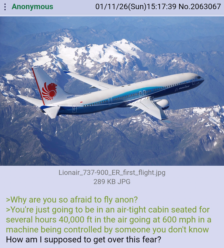 : Anonymous 01/11/26(Sun)15:17:39 No.2063067 N900ER BOEING Lionair_737-900_ER_first_flight.jpg 289 KB JPG >Why are you so afraid to fly anon? >You're just going to be in an air-tight cabin seated for several hours 40,000 ft in the air going at 600 mph in a machine being controlled by someone you don't know How am I supposed to get over this fear?