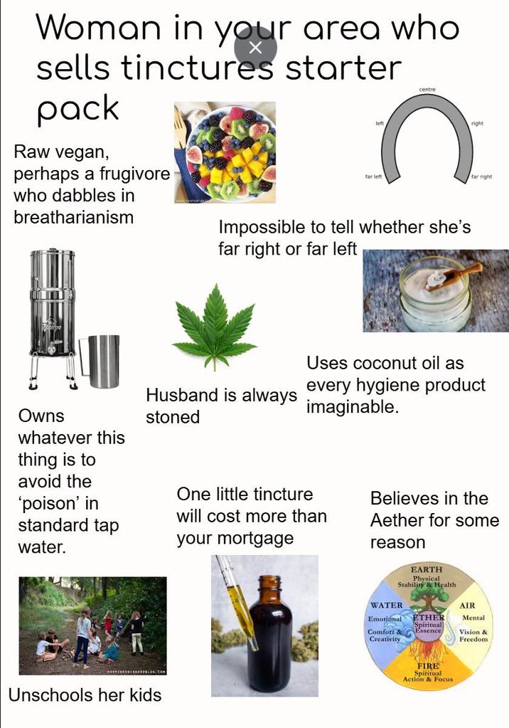 Woman in your area who sells tinctures starter pack Raw vegan, perhaps a frugivore who dabbles in breatharianism left centre right far left. far right Impossible to tell whether she's far right or far left Uses coconut oil as Husband is always every hygiene product imaginable. Owns stoned whatever this thing is to avoid the One little tincture 'poison' in standard tap water. will cost more than your mortgage Unschools her kids Believes in the Aether for some reason EARTH Physical Stability & Health WATER Emotional ETHER AIR Mental Comfort & Spiritual Essence, Creativity Vision & Freedom FIRE Spiritual Action & Focus