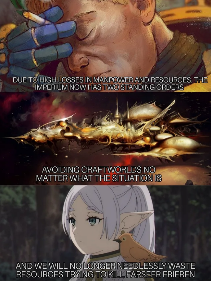 DUE TO HIGH LOSSES IN MANPOWER AND RESOURCES, THE IMPERIUM NOW HAS TWO STANDING ORDERS AVOIDING CRAFTWORLDS NO MATTER WHAT THE SITUATION IS AND WE WILL NO LONGER NEEDLESSLY WASTE RESOURCES TRYING TO KILL FARSEER FRIEREN