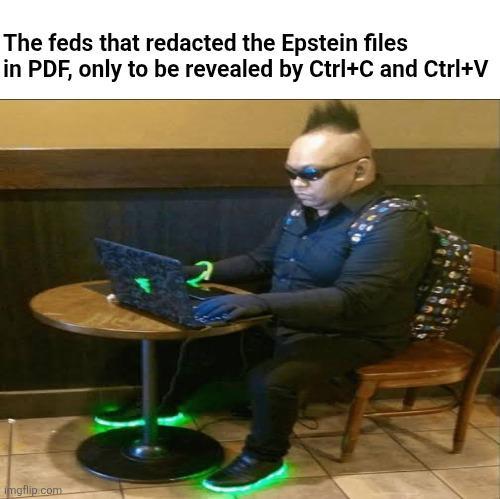 The feds that redacted the Epstein files in PDF, only to be revealed by Ctrl+C and Ctrl+V imgflip.com
