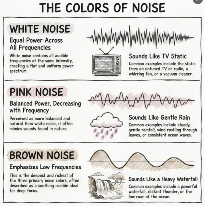 THE COLORS OF NOISE WHITE NOISE Equal Power Across All Frequencies White noise contains all audible frequencies at the same intensity, creating a flat and uniform power spectrum. прит Sounds Like TV Static Common examples include the static from an untuned TV or radio, a whirring fan, or a vacuum cleaner. PINK NOISE Balanced Power, Decreasing with Frequency Perceived as more balanced and natural than white noise, it often mimics sounds found in nature. 0 Sounds Like Gentle Rain Common examples include steady, gentle rainfall, wind rustling through leaves, or consistent ocean waves. BROWN NOISE Emphasizes Low Frequencies This is the deepest and richest of the three primary noise colors, often described as a soothing rumble ideal for deep focus. Sounds Like a Heavy Waterfall Common examples include a powerful waterfall, distant thunder, or the low roar of the ocean.
