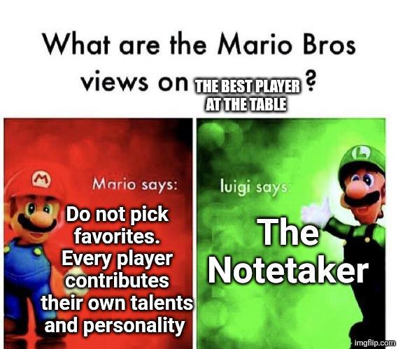 What are the Mario Bros views on THE BEST PLAYER? AT THE TABLE M L Mario says: luigi says Do not pick favorites. The Every player Notetaker contributes their own talents and personality imgflip.com