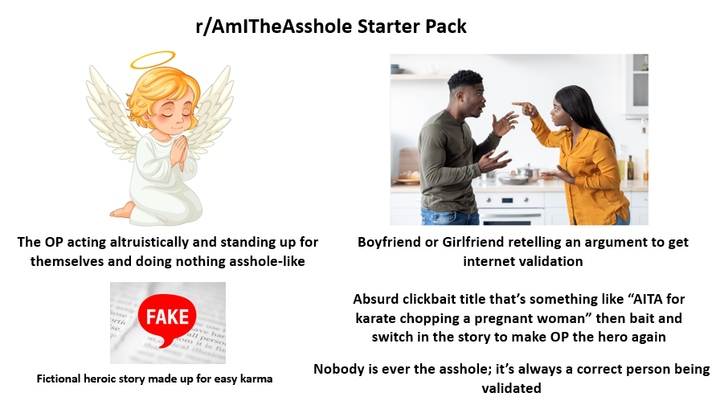 r/AmlTheAsshole Starter Pack The OP acting altruistically and standing up for themselves and doing nothing a-------like ortic se FAKE har all perso Fictional heroic story made up for easy karma Boyfriend or Girlfriend retelling an argument to get internet validation Absurd clickbait title that's something like "AITA for karate chopping a pregnant woman" then bait and switch in the story to make OP the hero again Nobody is ever the a------; it's always a correct person being validated