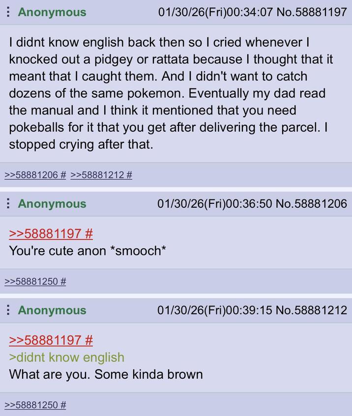 Anonymous 01/30/26(Fri)00:34:07 No.58881197 I didnt know english back then so I cried whenever I knocked out a pidgey or rattata because I thought that it meant that I caught them. And I didn't want to catch dozens of the same pokemon. Eventually my dad read the manual and I think it mentioned that you need pokeballs for it that you get after delivering the parcel. I stopped crying after that. >>58881206 # >>58881212 # Anonymous >>58881197 # 01/30/26(Fri)00:36:50 No.58881206 You're cute anon *smooch* 01/30/26(Fri)00:39:15 No.58881212 >>58881250 # ⠀ Anonymous >>58881197 # >didnt know english What are you. Some kinda brown >>58881250 #