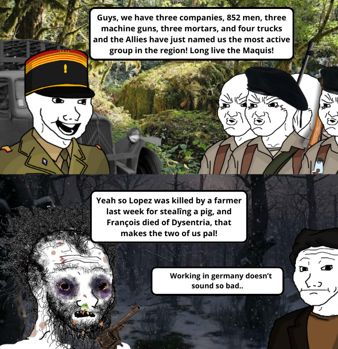 Guys, we have three companies, 852 men, three machine guns, three mortars, and four trucks and the Allies have just named us the most active group in the region! Long live the Maquis! Yeah so Lopez was killed by a farmer last week for stealing a pig, and François died of Dysentria, that makes the two of us pal! Working in germany doesn't sound so bad..