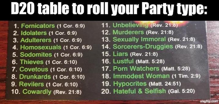 D20 table to roll your Party type: 1. Fornicators (1 Cor. 6:9) 2. Idolaters (1 Cor. 6:9) 3. Adulterers (1 Cor. 6:9) 4. Homosexuals (1 Cor. 6:9) 5. Sodomites (1 Cor. 6:9) 6. Thieves (1 Cor. 6:10) 7. Covetous (1 Cor. 6:10) 8. Drunkards (1 Cor. 6:10) 9. Revilers (1 Cor. 6:10) 10. Cowardly (Rev. 21:8) 11. Unbelieving (Rev. 21:8) 12. Murderers (Rev. 21:8) 13. Sexually Immoral (Rev. 21:8) 14. Sorcerers-Druggies (Rev. 21:8) 15. Liars (Rev. 21:8) 16. Lustful (Matt. 5:28) 17. P--- Watchers (Matt. 5:28) 18. Immodest Woman (1 Tim. 2:9) 19. Hypocrites (Matt. 24:51) 20. Hateful & Selfish (Gal. 5:20) imgflip.com