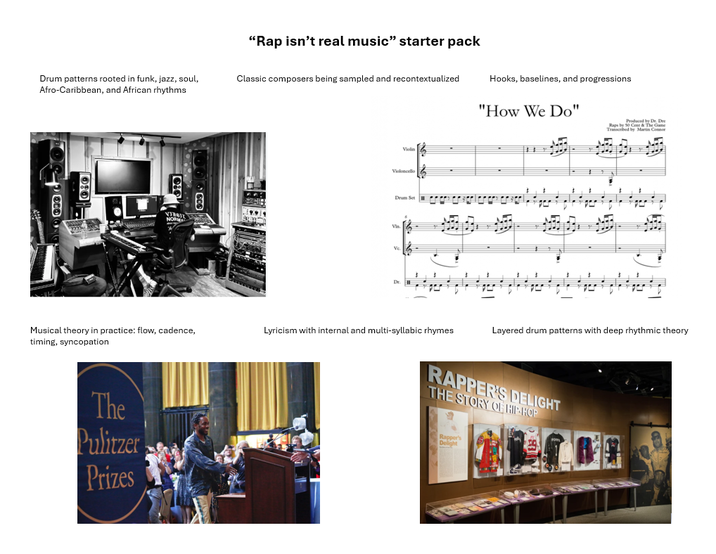 Drum patterns rooted in funk, jazz, soul, Afro-Caribbean, and African rhythms 0:0 NORMA "Rap isn't real music" starter pack Classic composers being sampled and recontextualized Violin Violoncello Drum Set V Ve Hooks, baselines, and progressions "How We Do" Produced by Dr, D Raps by 50 Cent & The Game Transcribed by Martin Connor Musical theory in practice: flow, cadence, timing, syncopation Lyricism with internal and multi-syllabic rhymes Layered drum patterns with deep rhythmic theory RAPPER'S DELIGHT THE STORY OF HIP-HOP The Pulitzer Prizes Rapper's Delight
