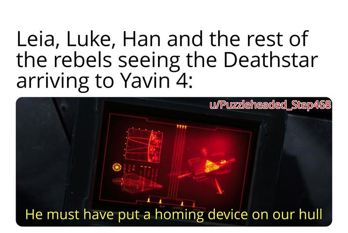 Leia, Luke, Han and the rest of the rebels seeing the Deathstar arriving to Yavin 4: TOVE MO w/Puzzleheaded Step468 1973 He must have put a homing device on our hull