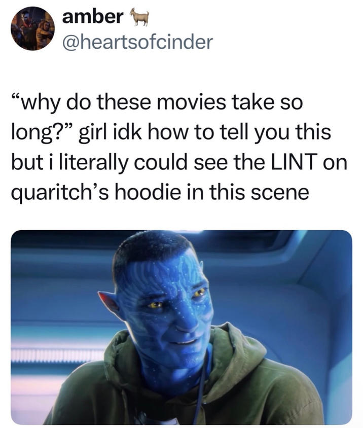 amber @heartsofcinder "why do these movies take so long?" girl idk how to tell you this but i literally could see the LINT on quaritch's hoodie in this scene