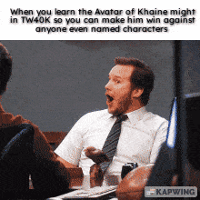 When you learn the Avatar of Khaine might in TW40K so you can make him win against anyone even named characters KAPWING
