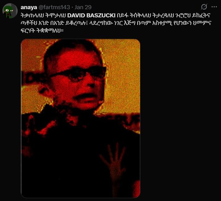 anaya @fartms143 · Jan 29 ትቃጠላለህ ትሞታለህ DAVID BASZUCK በይፋ ትሰቅላለህ ትታረዳለህ ጉሮሮህ ይከፈትና ጣቶችህ አንድ በአንድ ይቆረጣሉ፤ ላደረግከው ነገር እጅግ በጣም አስቀያሚ የሆነውን ህመምና ፍርሃት ትቋቋማለህ።
