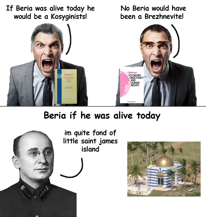 If Beria was alive today he would be a Kosyginists! 24 DIRECTIVES No Beria would have been a Brezhnevite! L.I.Brezhnev: SOCIALISM. DEMOCRACY AND HUMAN RIGHTS Pergamon Prese Beria if he was alive today im quite fond of little saint james island 177/