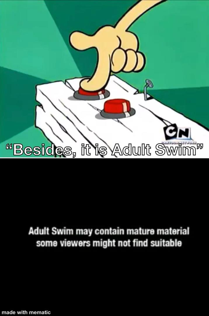 CN "Besides, it is Adult Swim" Adult Swim may contain mature material some viewers might not find suitable made with mematic