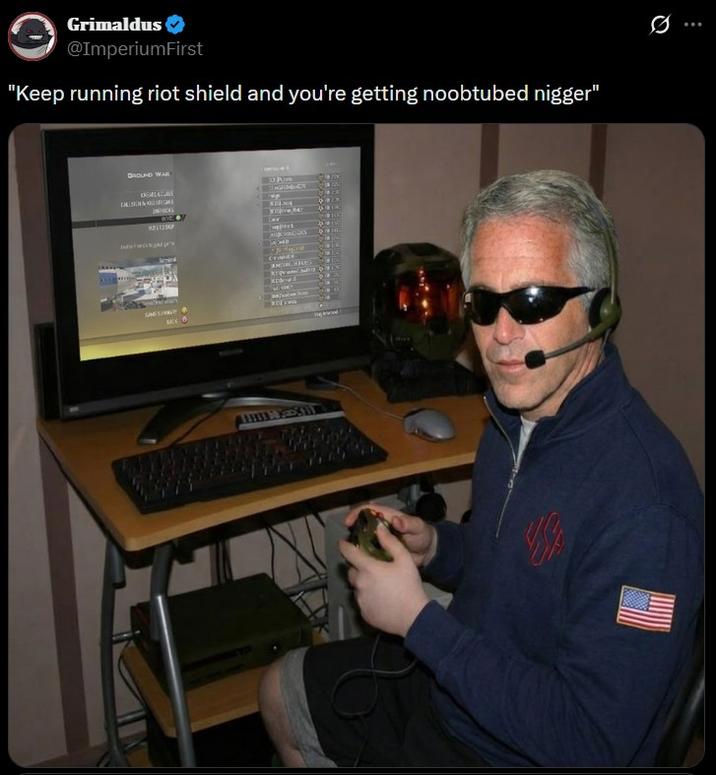 A tweet reading, "Keep running riot shield and you're getting noobtubed." It shares an edit of Epstein as a CoD gamer.