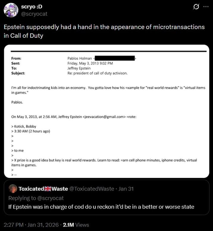 An email where Epstein discusses microtransactions in CoD.