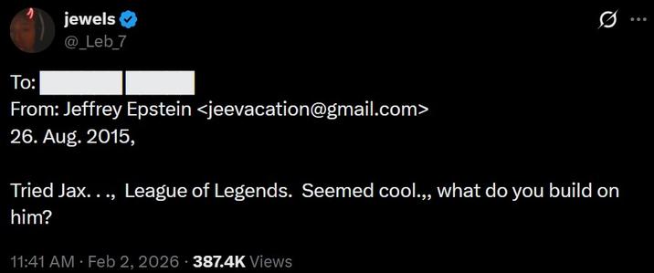 An Epstein email parody. It talks about trying Jax in LoL.