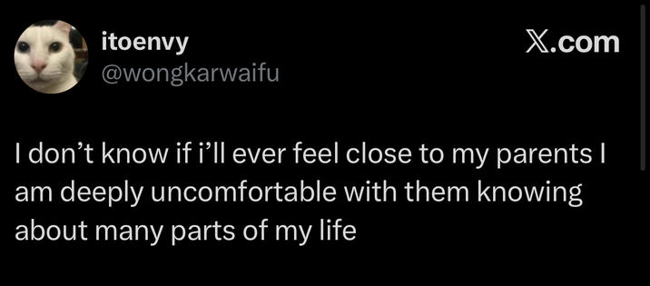 itoenvy @wongkarwaifu X.com I don't know if i'll ever feel close to my parents I am deeply uncomfortable with them knowing about many parts of my life