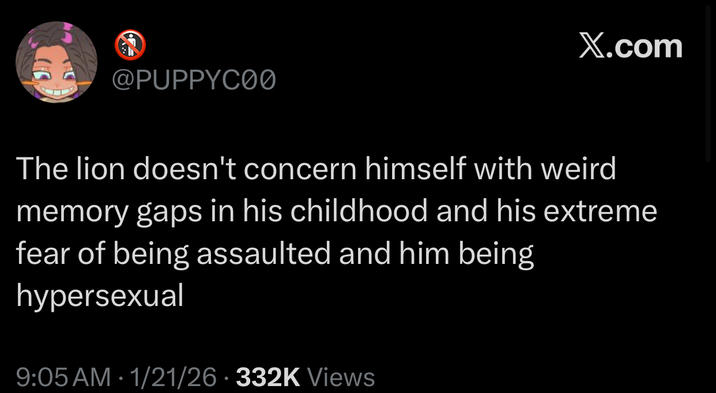 @PUPPYC00 X.com The lion doesn't concern himself with weird memory gaps in his childhood and his extreme fear of being assaulted and him being hypersexual 9:05 AM • 1/21/26 332K Views