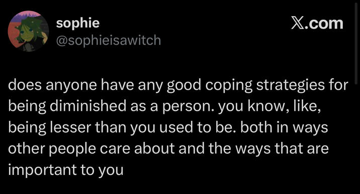 sophie @sophieisawitch X.com does anyone have any good coping strategies for being diminished as a person. you know, like, being lesser than you used to be. both in ways other people care about and the ways that are important to you