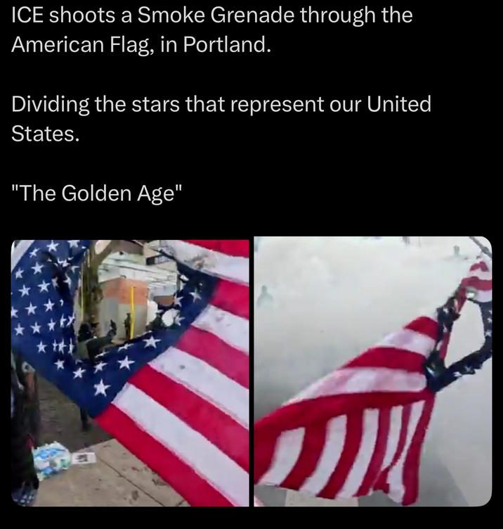 ICE shoots a Smoke Grenade through the American Flag, in Portland. Dividing the stars that represent our United States. "The Golden Age"