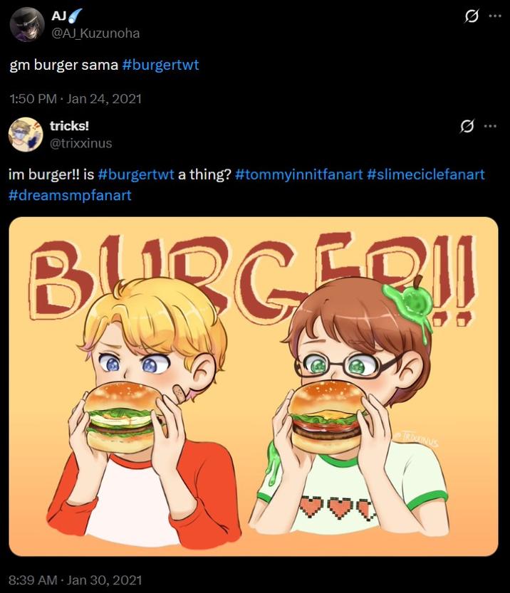 Tweets from 2021 using the hashtag #burgertwt. Two links: https://x.com/AJ_Kuzunoha/status/1353414952116236289, https://x.com/trixxinus/status/1355510933452324865
