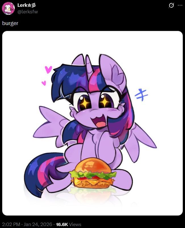 Twilight Sparkle eating a burger. Part of burgertwt.