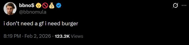 A tweet by bbno$. It reads, "i don’t need a gf i need burger."