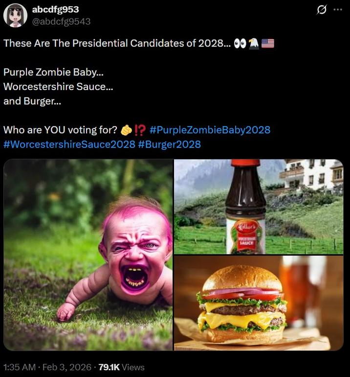 abcdfg953 @abdcfg9543 These Are The Presidential Candidates of 2028... 00 Purple Zombie Baby... Worcestershire Sauce... and Burger... Who are YOU voting for? !? #PurpleZombieBaby2028 #WorcestershireSauce2028 #Burger2028 1:35 AM Feb 3, 2026 79.1K Views • llurs SAUCE